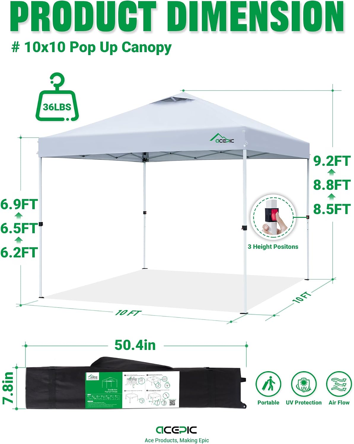 10x10 Pop Up Canopy Tent, Easy Setup Portable Shelter, White, 10*10 | 1-Push Center Lock 10x10 Pop Up Canopy Tent with 3-Layer Reinforced Fabric, Vented UV Top & Wheeled Bag for Outdoor Party - Image 8