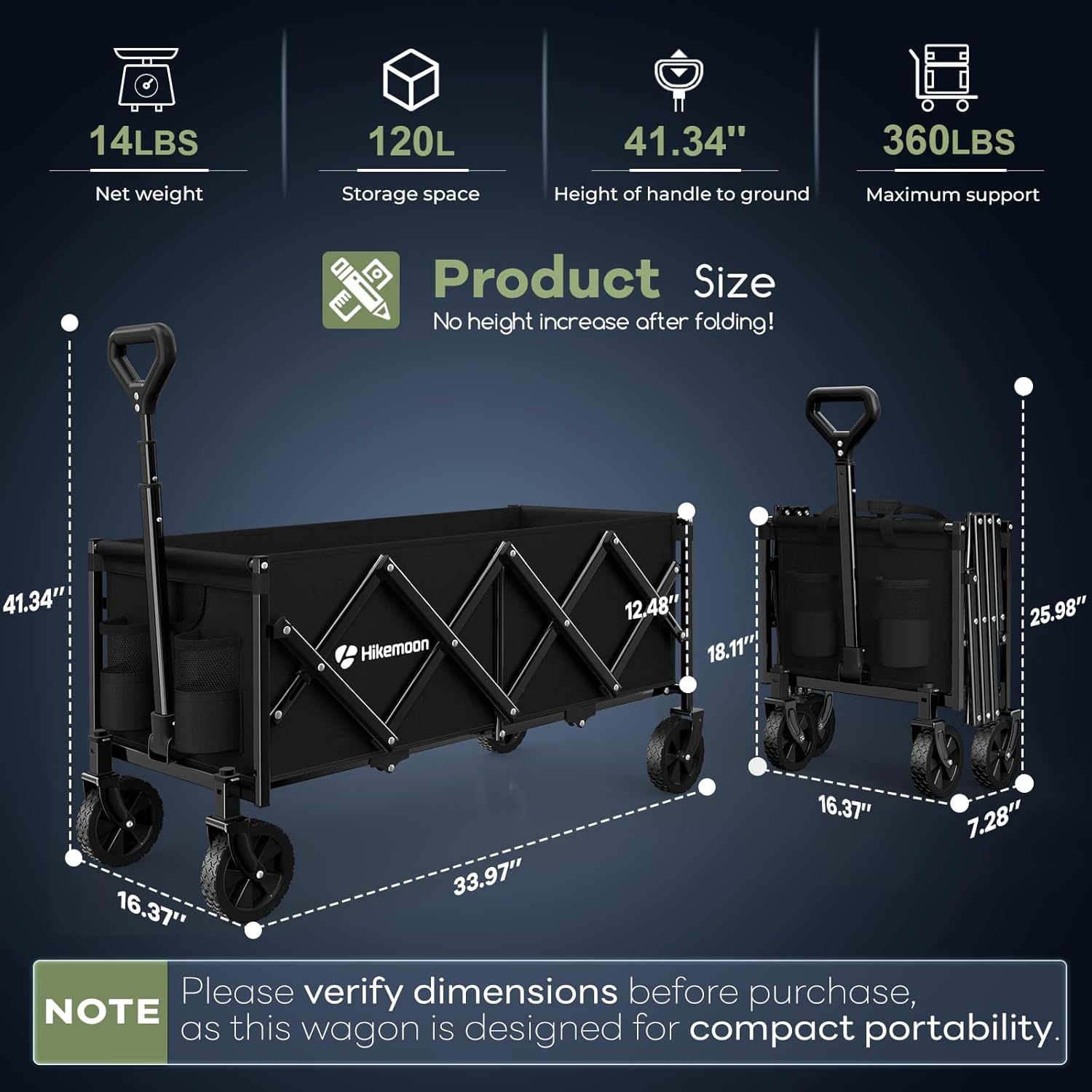 34'' Extra Long Folding Portable Wagon Cart, 120L 360LBS Black | Wagons Carts Foldable, Heavy Duty, Collapsible Compact Storage, Utility for Shopping/Grocery/Garden/Camping/Sports - Image 4
