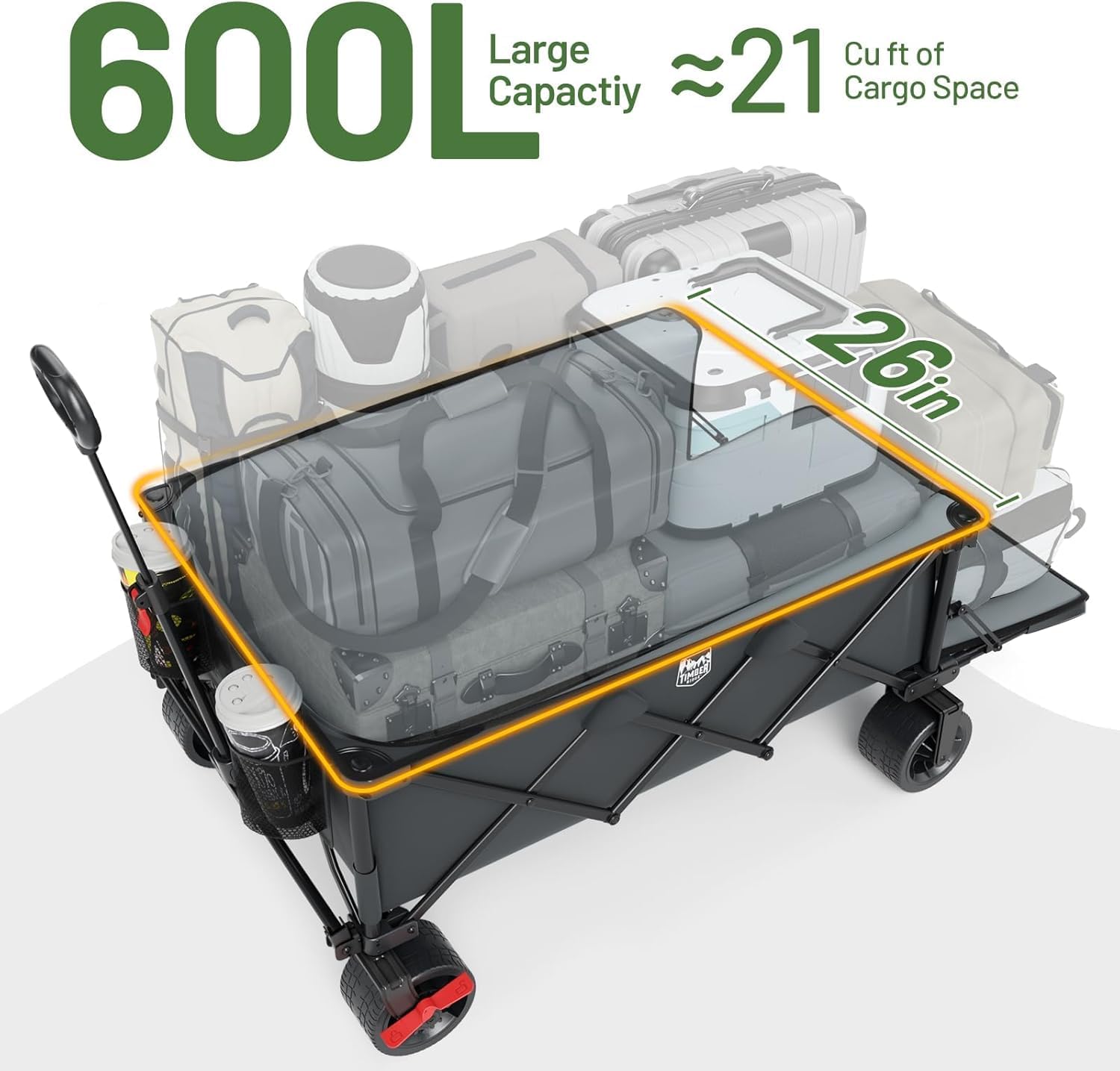 Timber Ridge 600L Beast Wagon 55.25" L Folding Cart with w/Big Wheels | Cargo Net & Tailgate, 26" W Extra Wide, 500lbs Heavy Duty All Terrain Collapsible Carts for Camping,Sports, Dogs, Grey - Image 6