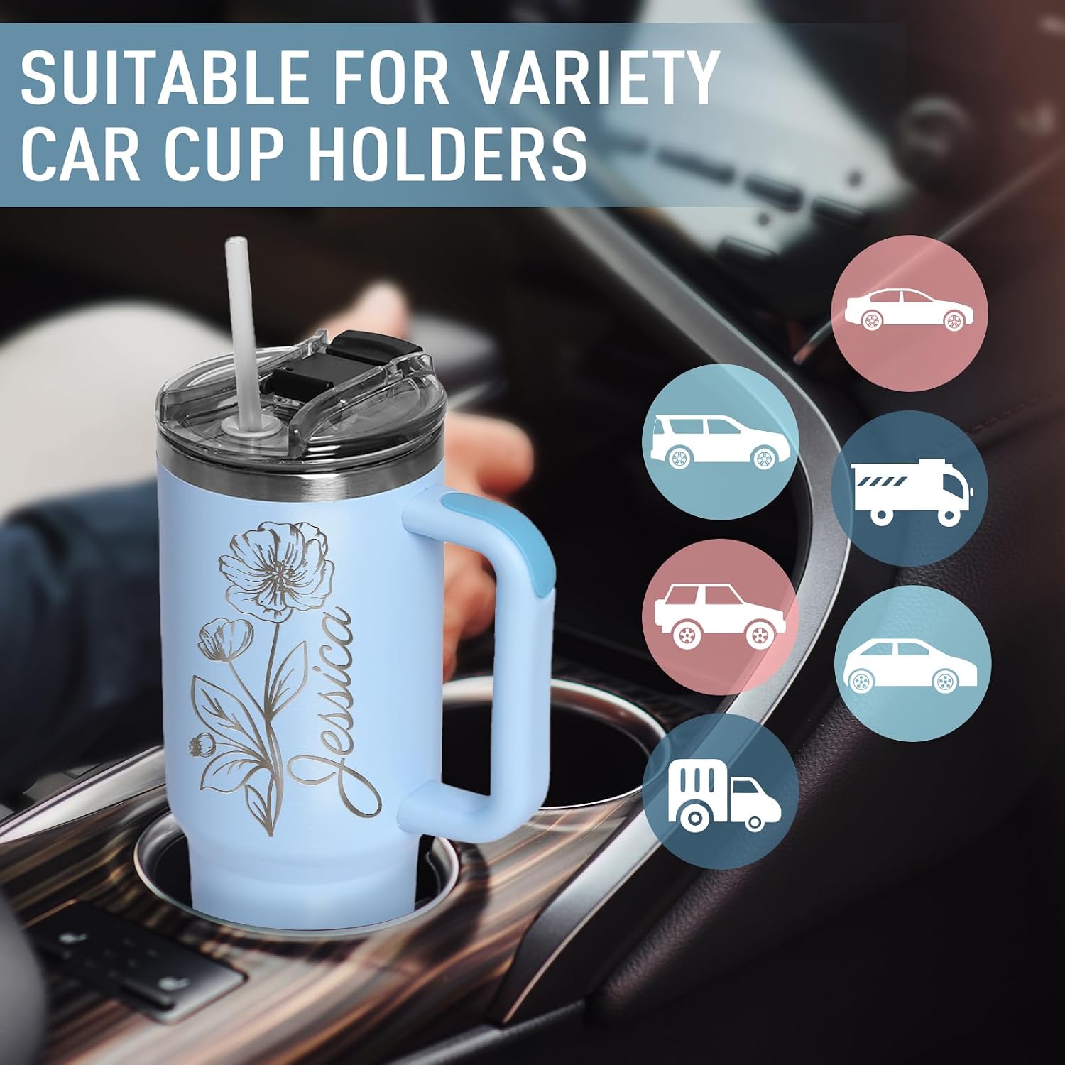 Personalized 40oz Tumbler-Custom Water Bottle with Engraved Flower&Name | Custom Stainless Steel Tumbler with Handle and Straw Lid, Personalized Mothers Valentine Birthday Gifts for Mom Women Sister - Image 6