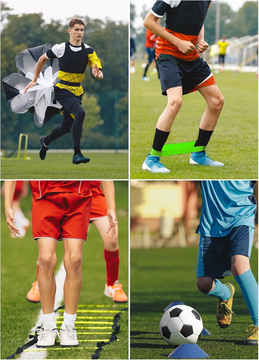 Hands Free Speed Agility Training Equipment Set - 20ft Agility Ladder, 10 Disc Cones, Resistance Parachute, 5 Resistance Bands & Carry Bag | Football Soccer Basketball Fitness Drills - Image 6