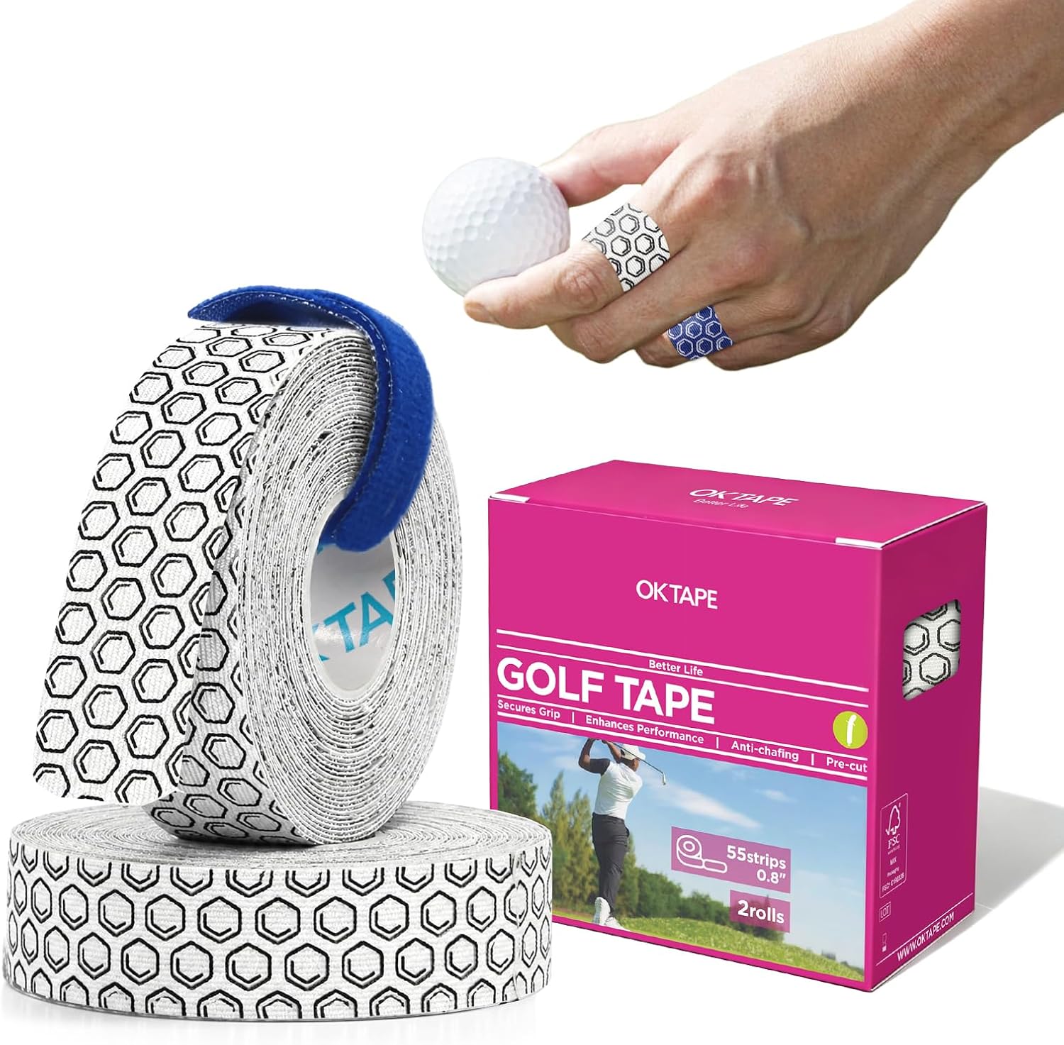 OK TAPE Golf Tape for Fingers, 110 Strips, Finger Tape for Golf, Tennis | Blister Prevention Tape, Flexible, Sweatproof, Synthetic Fiber, Pre-Cut Elastic Athletic Tape (2 Rolls, White)