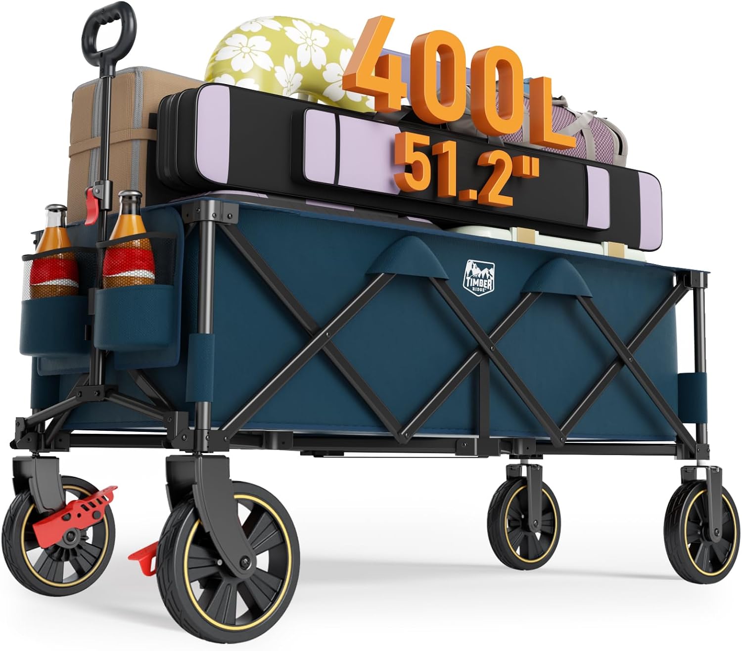 Timber Ridge 51.2'' Extended Collapsible Wagons Carts Foldable | 500LBS Heavy Duty Sports Wagon with Adjustable Handle, 400L Capacity Portable Cart for Camping Shopping