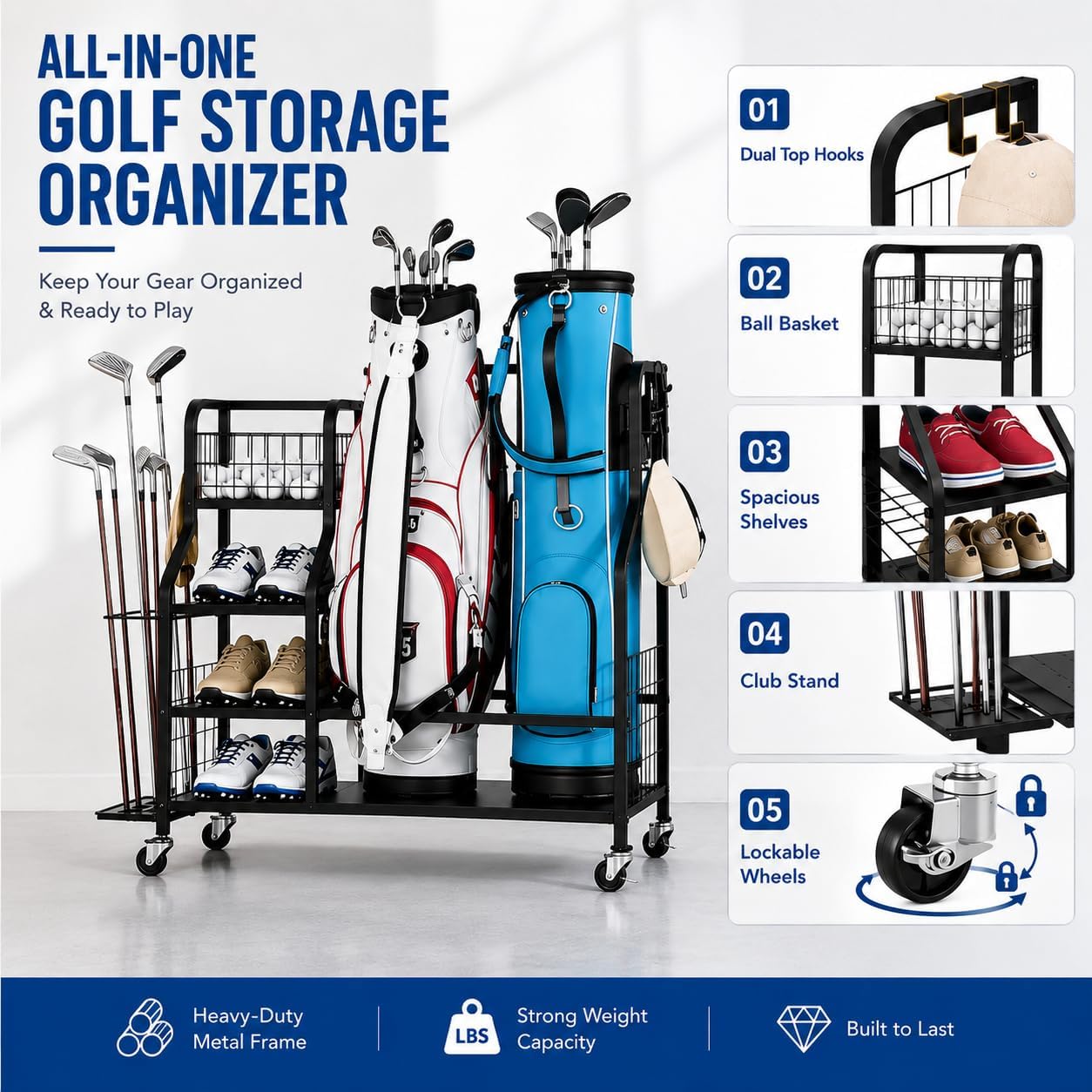 Golf Bag Storage Organizer, 2-Bag Garage Golf Rack | Heavy-Duty Steel, 2 Golf Bags, Golf Club Storage, Golf Shoes, Golf Balls, Storage Shelf, Side Hooks, Garage Organization - Image 4