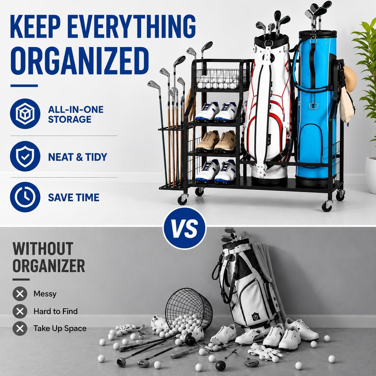 Golf Bag Storage Organizer, 2-Bag Garage Golf Rack | Heavy-Duty Steel, 2 Golf Bags, Golf Club Storage, Golf Shoes, Golf Balls, Storage Shelf, Side Hooks, Garage Organization - Image 3