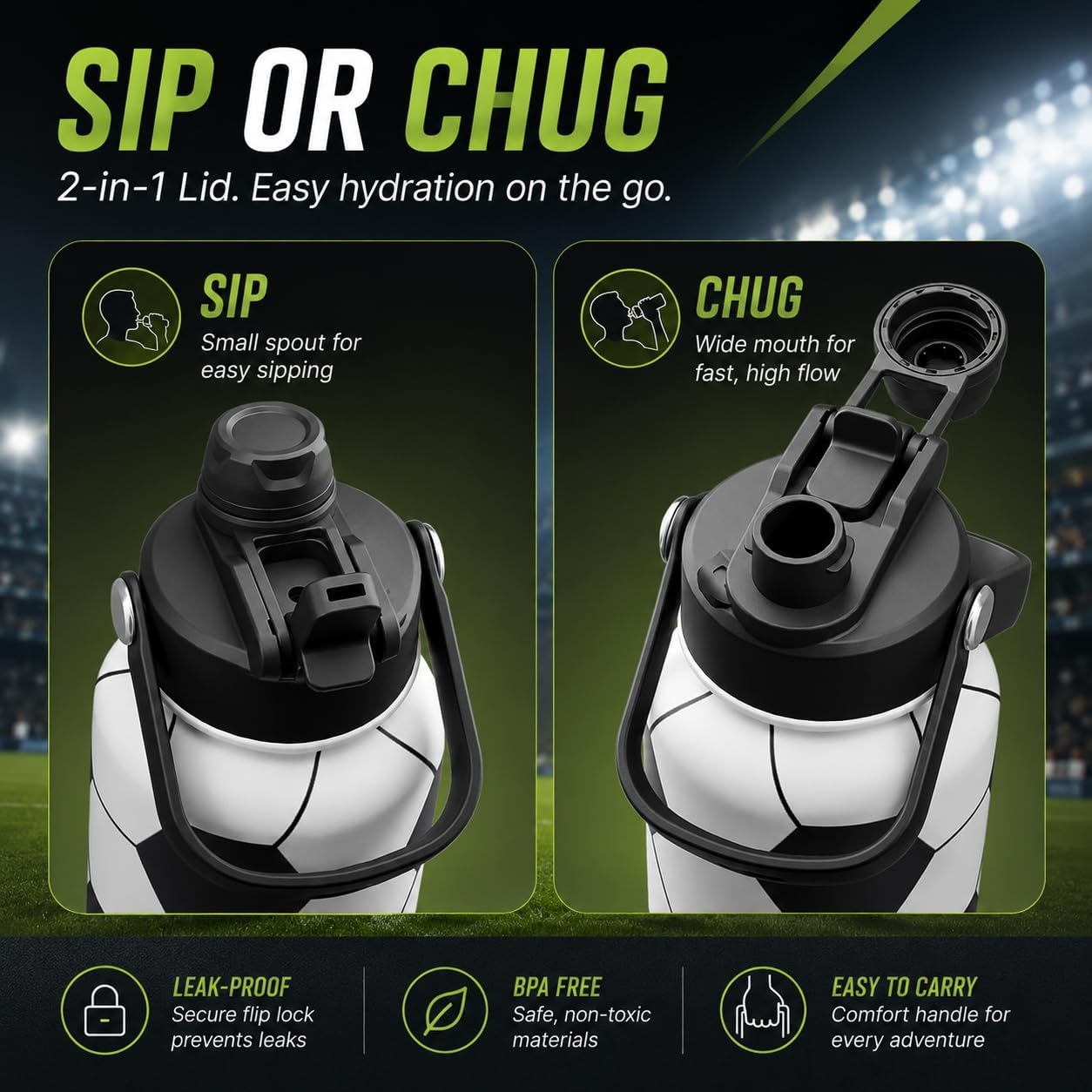 32oz Soccer Insulated Water Bottle 24H Cold with 2-in-1 Straw and Spout Lid | 3D Textured 18/8 Stainless Steel Sweat-Proof Jug for Soccer Matches and Gym Training with Soft Handle and Braided Rope Strap - Image 4
