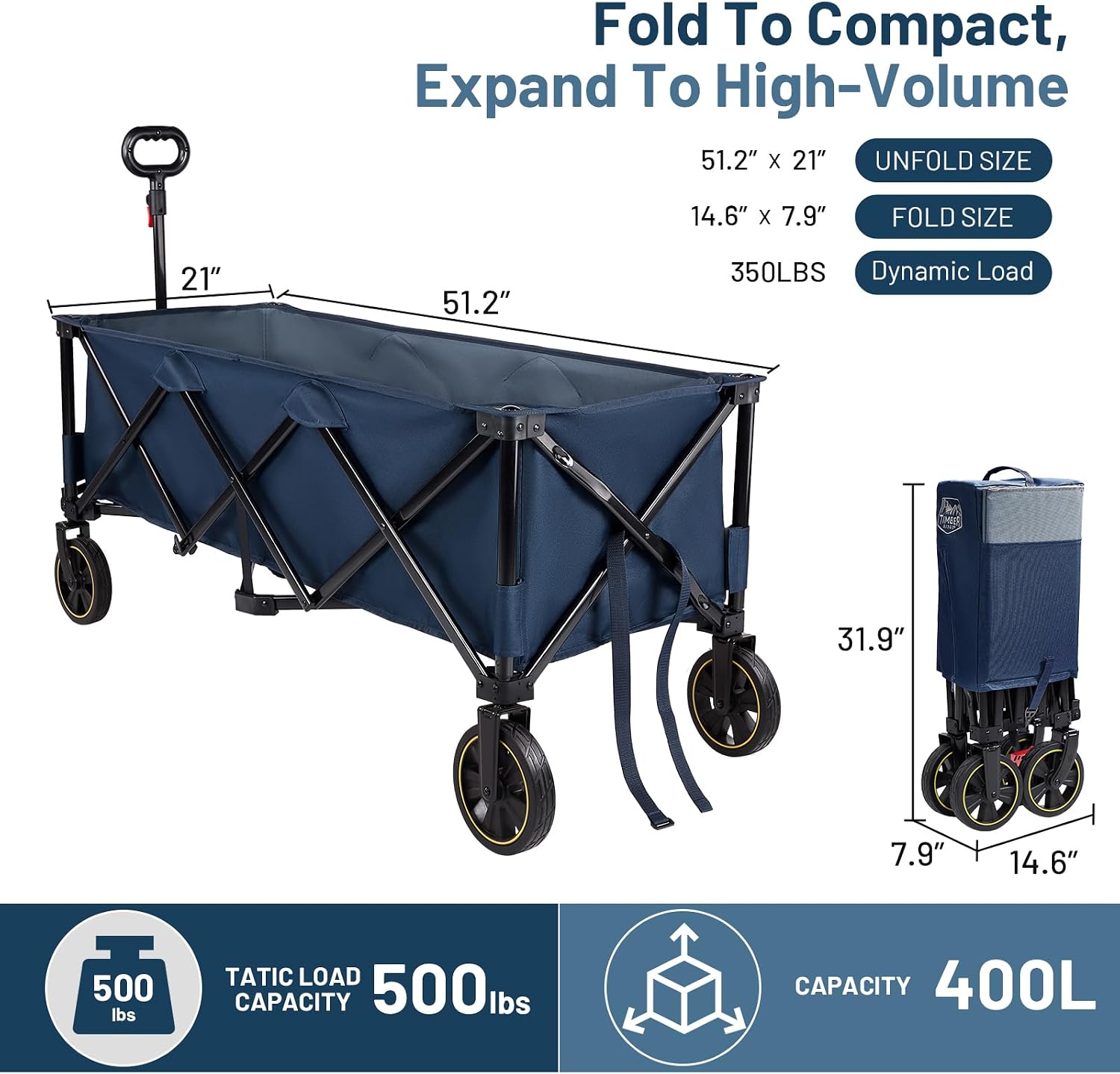 Timber Ridge 51.2'' Extended Collapsible Wagons Carts Foldable | 500LBS Heavy Duty Sports Wagon with Adjustable Handle, 400L Capacity Portable Cart for Camping Shopping - Image 8