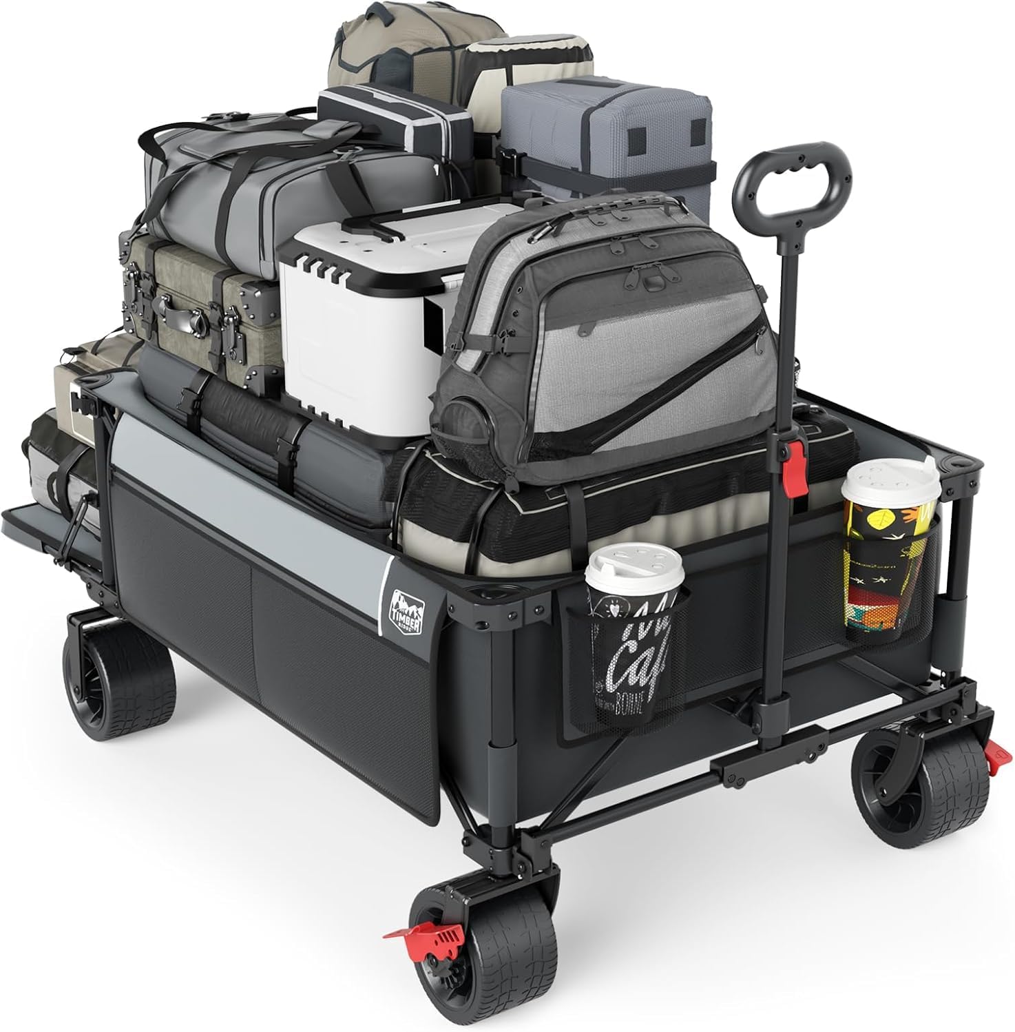 Timber Ridge 600L Beast Wagon 55.25" L Folding Cart with w/Big Wheels | Cargo Net & Tailgate, 26" W Extra Wide, 500lbs Heavy Duty All Terrain Collapsible Carts for Camping,Sports, Dogs, Grey