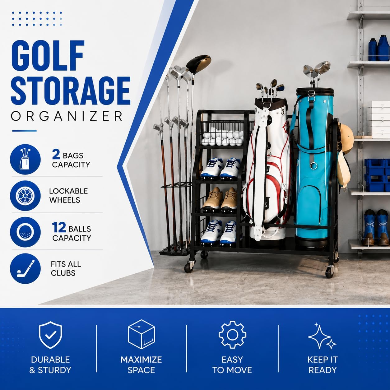 Golf Bag Storage Organizer, 2-Bag Garage Golf Rack | Heavy-Duty Steel, 2 Golf Bags, Golf Club Storage, Golf Shoes, Golf Balls, Storage Shelf, Side Hooks, Garage Organization - Image 6