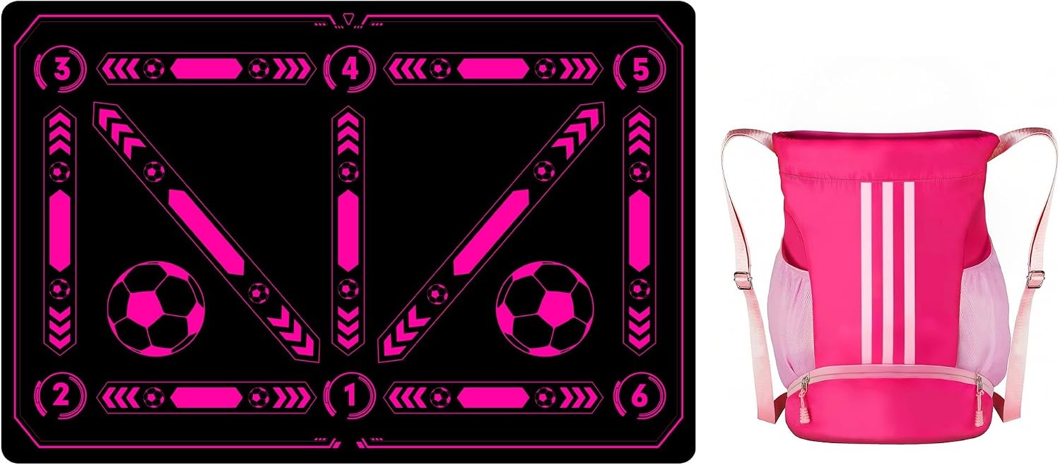 Soccer Bag and Footstep Training Mat Pink, Youth Soccer Basketball Bag with Compartments Drawstring Backpack Skills Training Mat Gifts Set