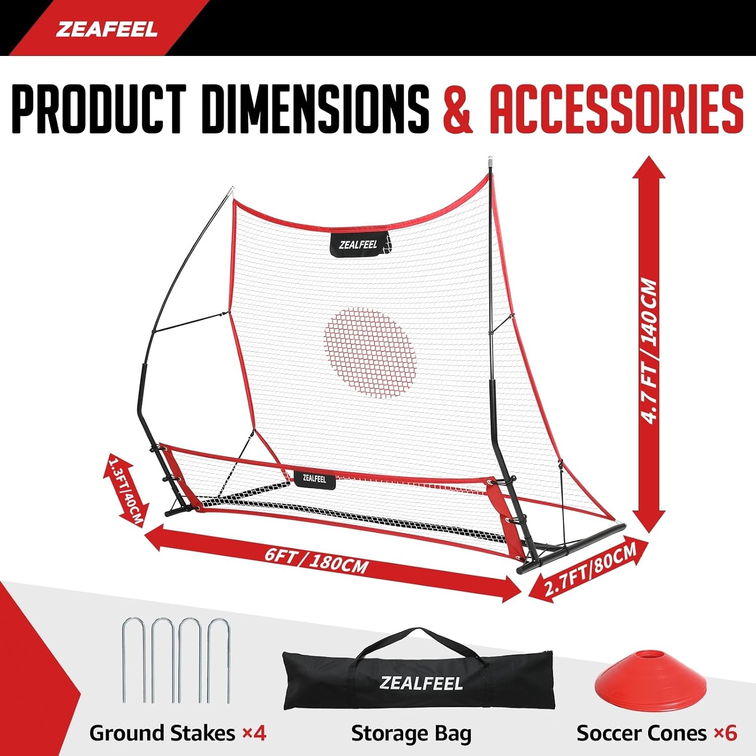 ZEALFEEL 2-in-1 Soccer Rebounder, 6'x4.7' & 6'x16 Training Net | Soccer Bounce Back Net for Volley, Passing and Solo Training with Carry Bag and Cones, Ideal Football Trainer for Teams - Image 7