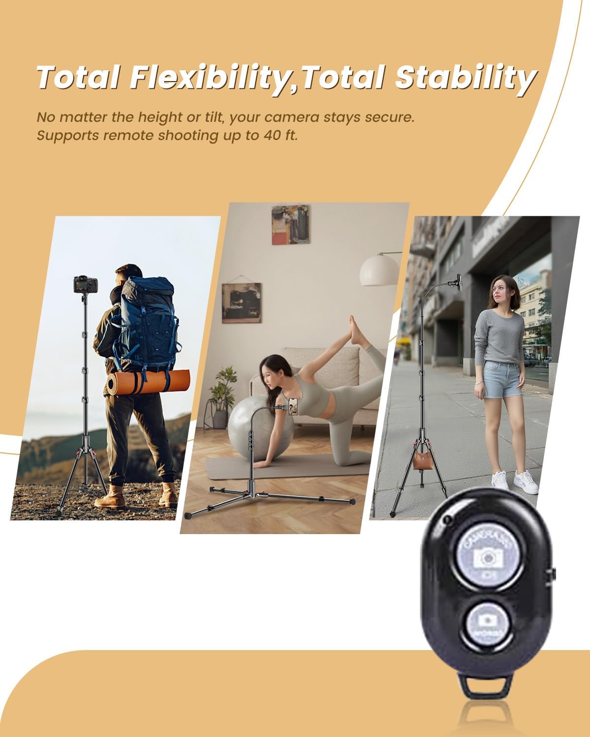 CAMBOFOTO 84" Phone Tripod, Tall Tripod for iPhone with Gooseneck & Remote | iPhone Tripod for Travel/Recording/Cooking/Fitness/Vlog/Overhead Shot, with Extendable Base & Adjustable Head - Image 4