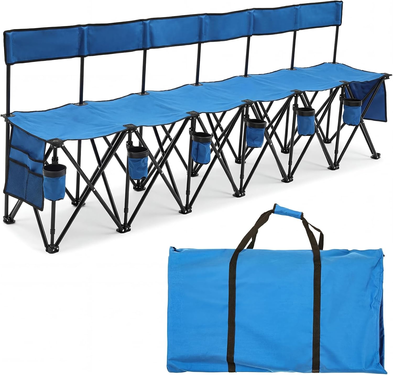 6 Seat Folding Soccer Bench with Cup Holder, Sport Team Bench,Blue | Portable Sideline Bench, Foldable Team Chair for Football Training, Outdoor Events, Camping with Storage Bag