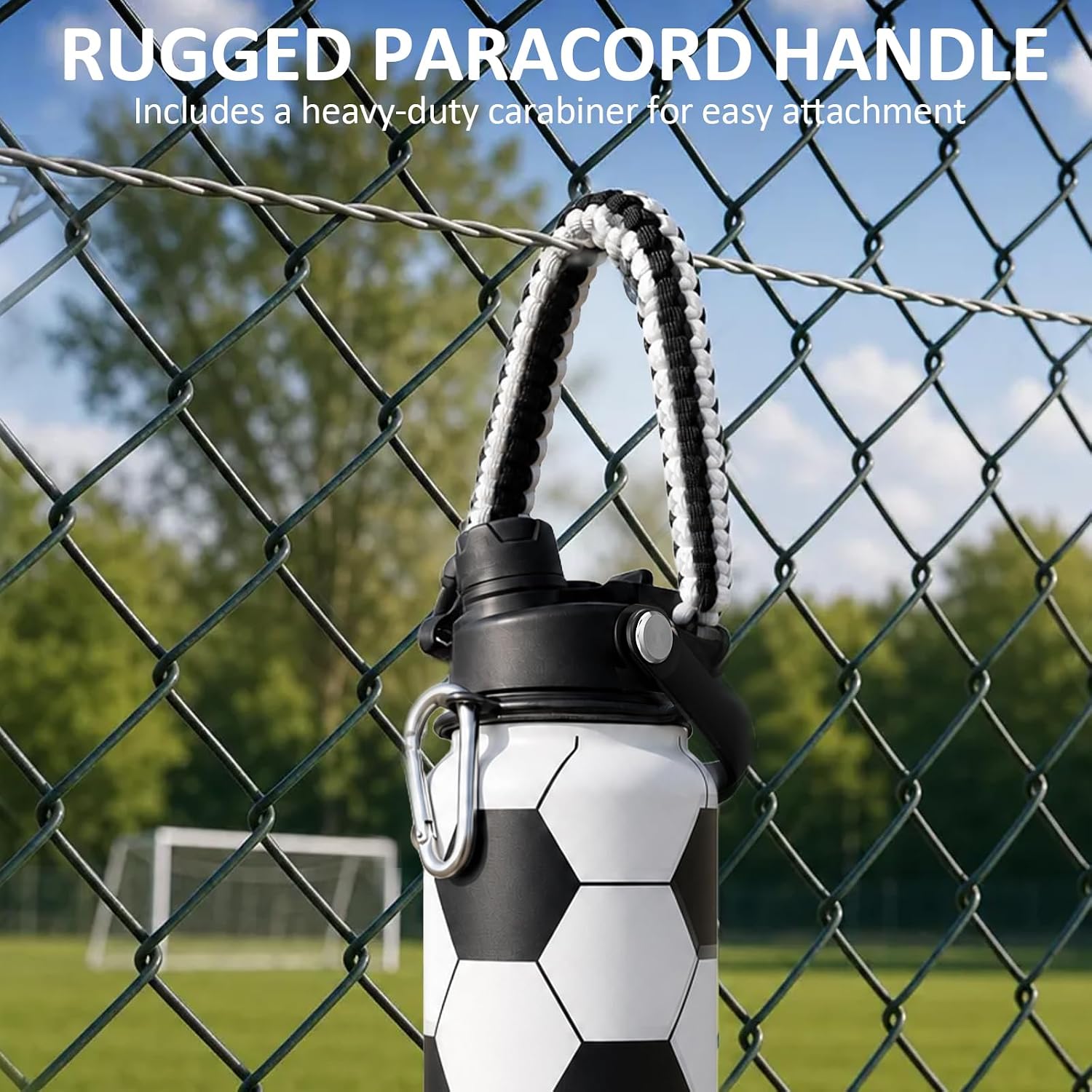 32oz Soccer Insulated Water Bottle 24H Cold with 2-in-1 Straw and Spout Lid | 3D Textured 18/8 Stainless Steel Sweat-Proof Jug for Soccer Matches and Gym Training with Soft Handle and Braided Rope Strap - Image 7