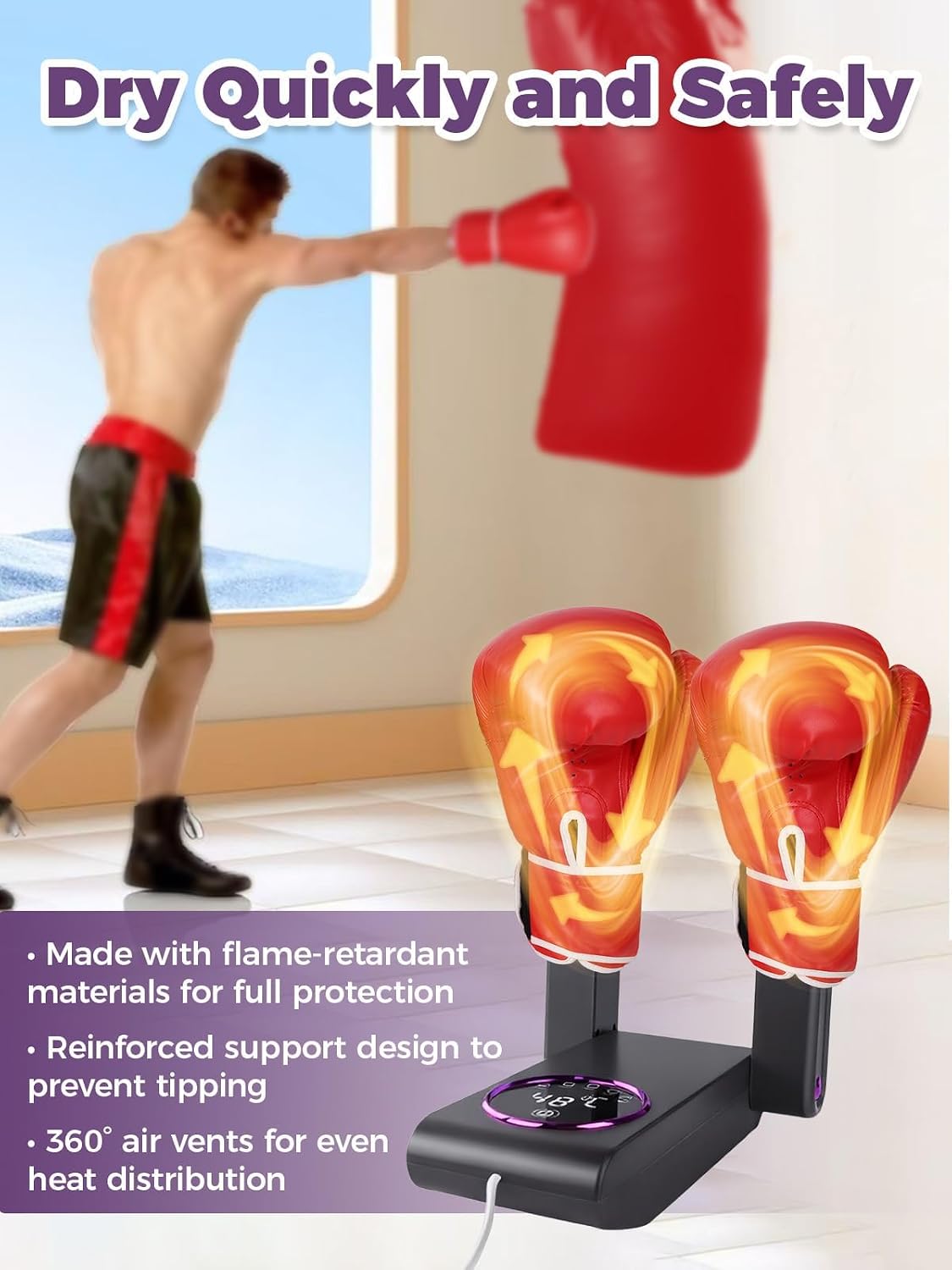 Boxing Glove Dryer with Smart Display& Storage Bag, Portable Glove Dryer& Moisture Remover, Constant Temperature Punching Gloves Dryer with Adjustable Heat& Timer for Home Gym(Black) - Image 8
