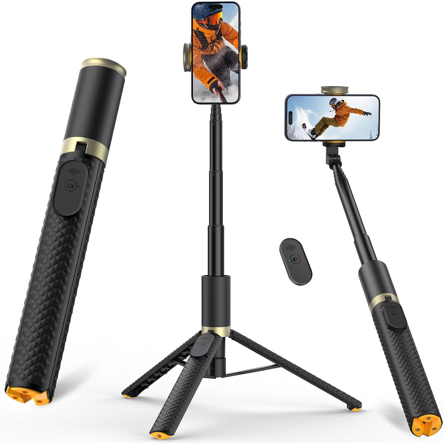 Phone Tripod & Selfie Stick with Remote, Portable Travel Phone Stand for Video Recording Vlog, Extendable Cell Phone Holder Compatible with iPhone Android, Black, 62"