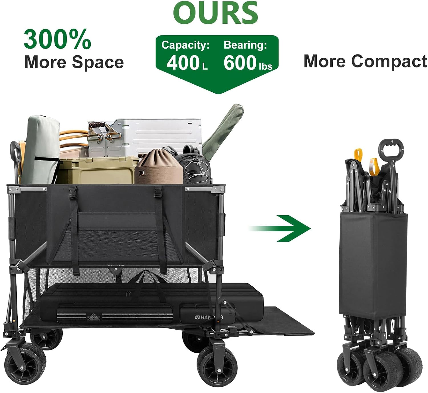 Double Decker Wagon 600lb Capacity & 400L Collapsible Sports Wagon | Big Wheels, 54" Extended, Utility Folding Cart, for Camping Fishing & Outdoor Use - Image 3