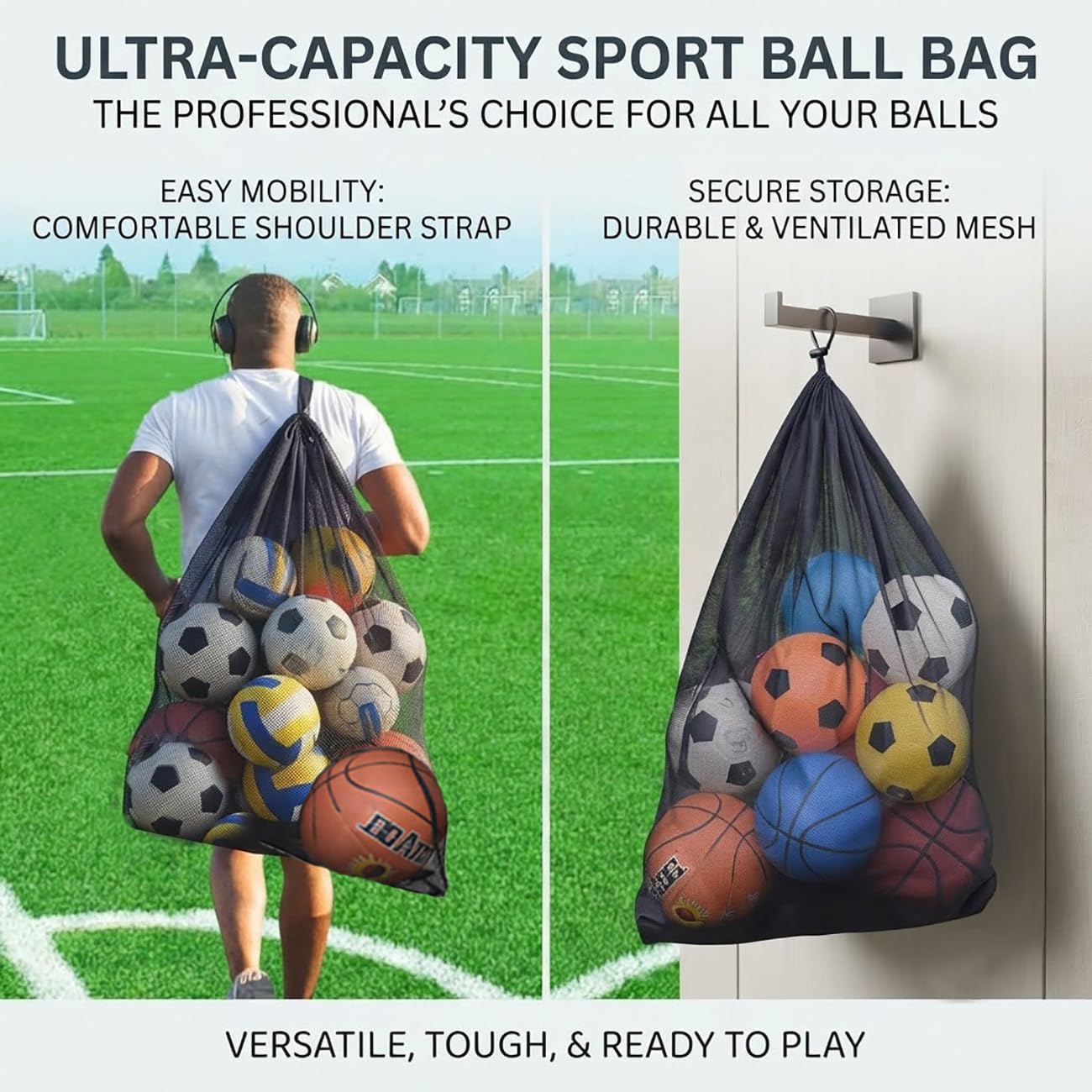 Heavy Duty Mesh Ball Bag, Drawstring Sport Equipment Storage Bag | for Basketball, Soccer, Sports Beach and Swimming Gears with Adjustable Shoulder Strap Outdoor Organizer - Image 6
