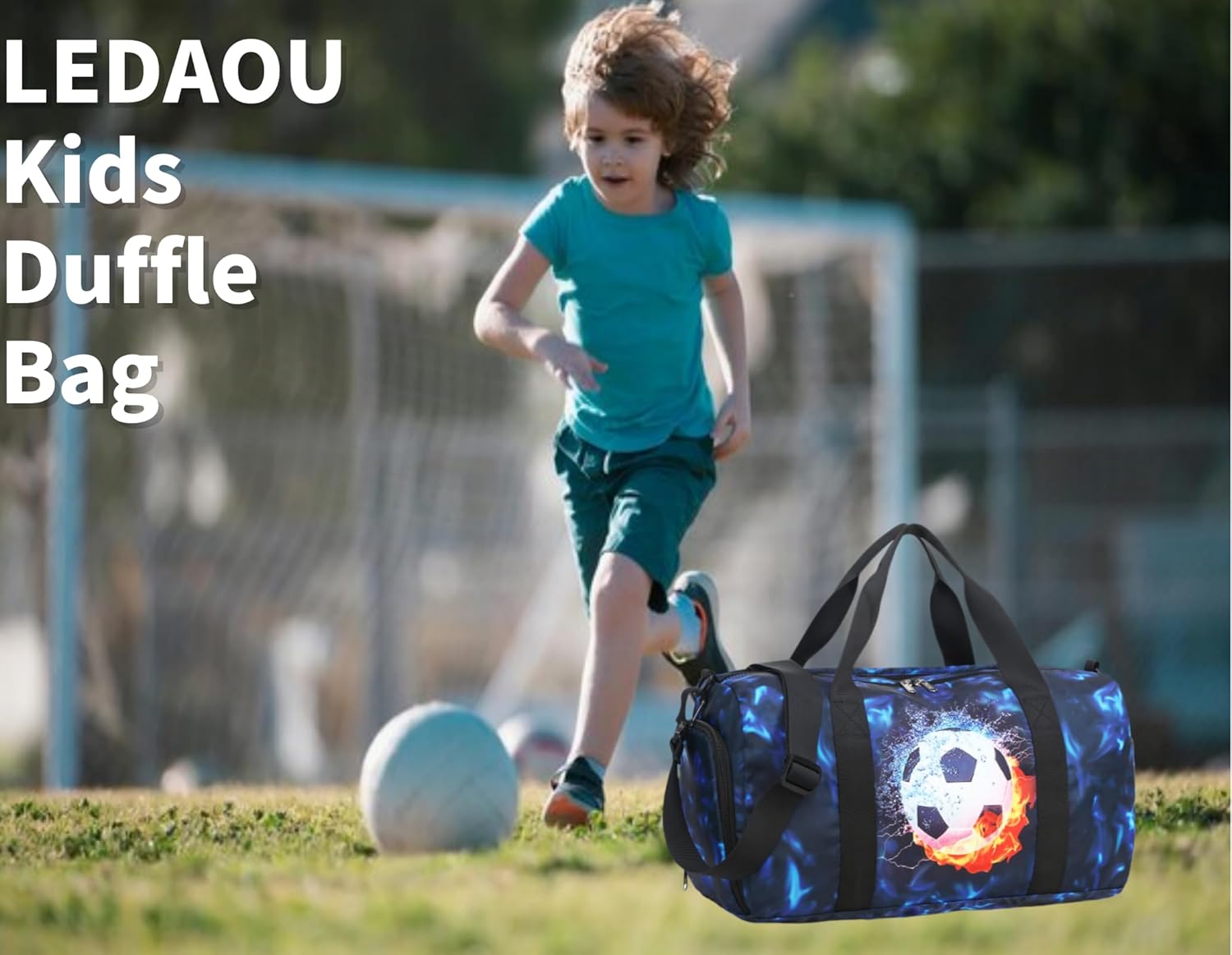 Kids Duffle Bag Boys Girls Overnight Travel Sport Gym Bag Weekender Carry On Shoulder Bag with Shoe Compartment & Wet Pocket (Soccer Black Blue) - Image 2