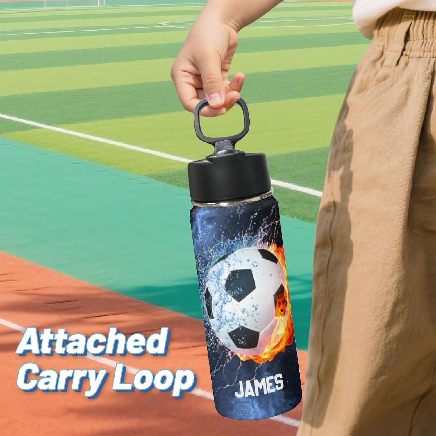 Personalized Soccer Water Bottles for Boys, 18oz Kids Thermos | Custom Name, Stainless Steel Straw Lid, Vacuum Insulated, Leakproof Loop, Perfect School Birthday Boys Gift - Image 3