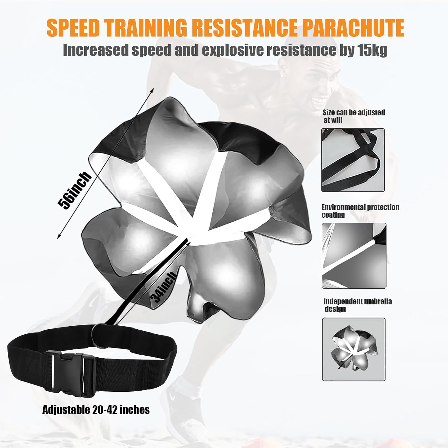 Running Parachute for Speed Training, 56 inch Resistance Parachute for Athletes, Sprinting & Football Training Equipment with Adjustable Waist Belt, Drag Chute to Improve Velocity & Explosive Power - Image 2