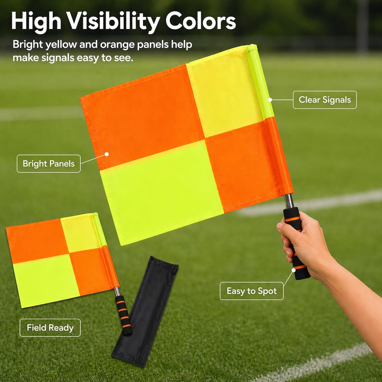 Soccer Referee Flags 2 Pack, 18 in Linesman Flags with Storage Bag | 2 soccer referee linesman flags with 18 in handles, orange yellow panels, ABS foam grips and storage bag - Image 5