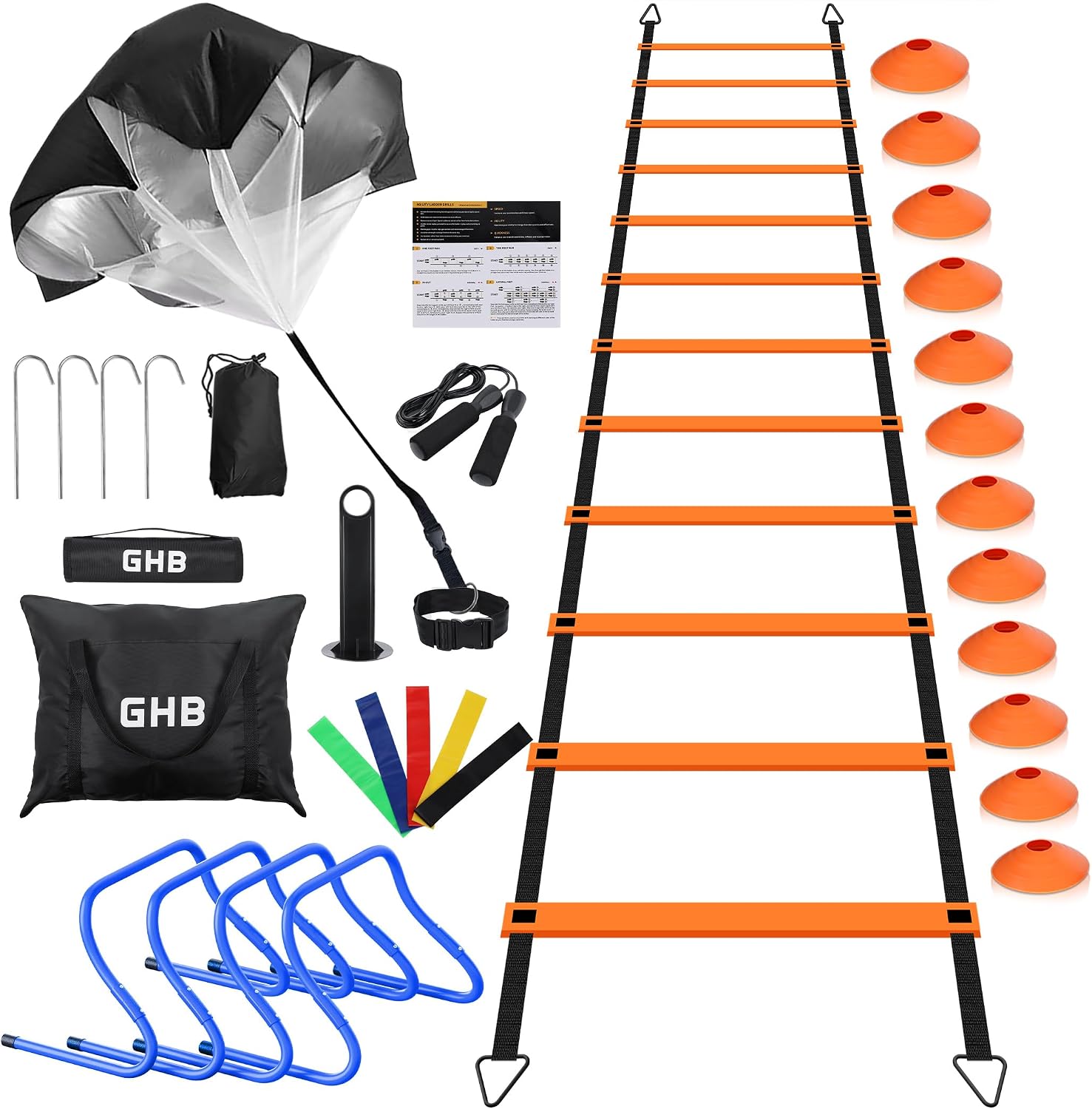 GHB Agility Ladder,Football Training Equipment Set,4 Agility Hurdles, 20 feet12 Rungs Speed Ladder,12 Disc Cones,Resistance Parachute, Jump Rope, 5 Resistance Bands - Image 10