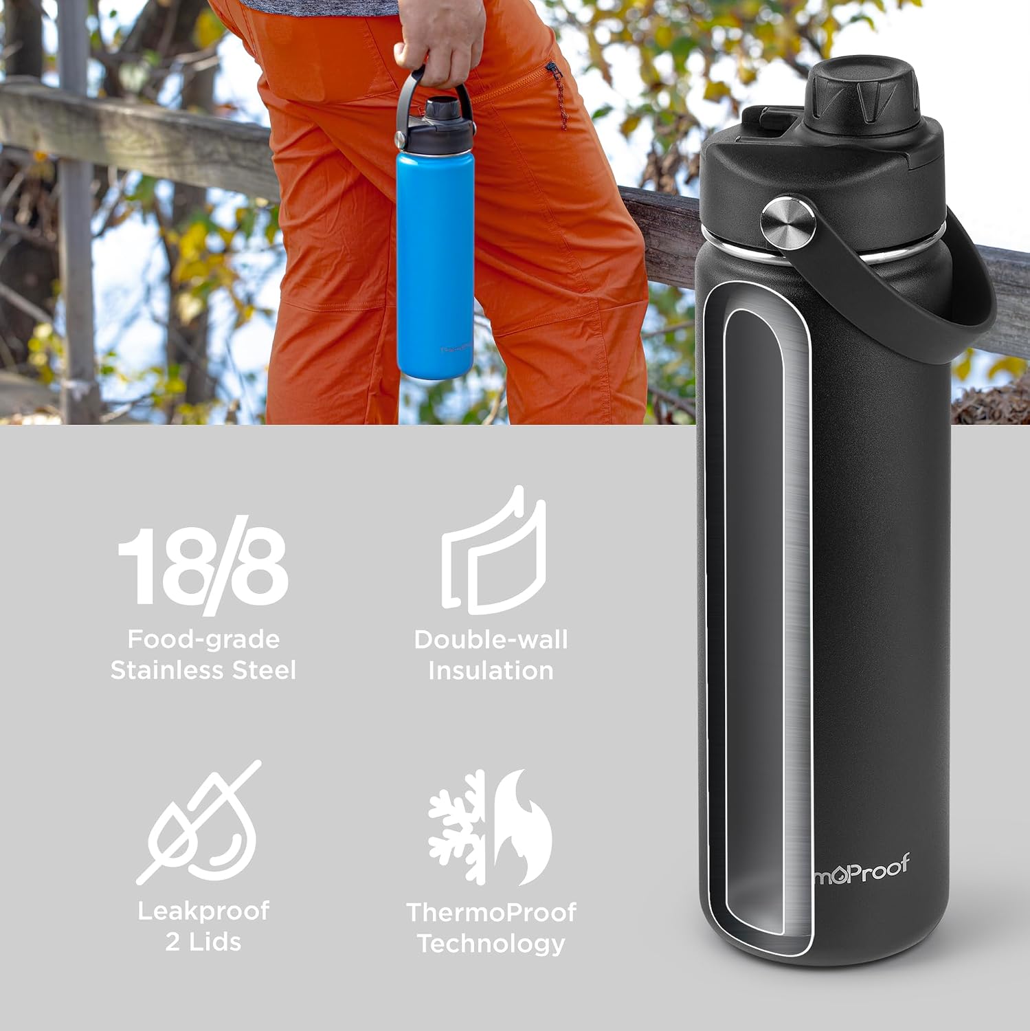ThermoProof Double-Walled Vacuum Insulated Stainless Steel Water Bottle - Wide Mouth with Chug & Spout Lids, Dishwasher Safe, Reusable, Leakproof, Hot & Cold for Men, Women & Kids - 22oz, Black - Image 2