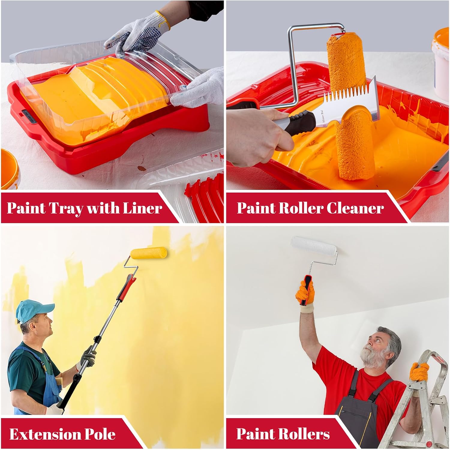 Mister Rui 22-Pc Paint Roller Kit with 4"&9" Rollers & Extension Pole | Complete Set with Tray, Liners, Roller Covers, Brushes, Tape and Drop Cloth. Ideal for Walls, Ceilings and Home Projects - Image 7