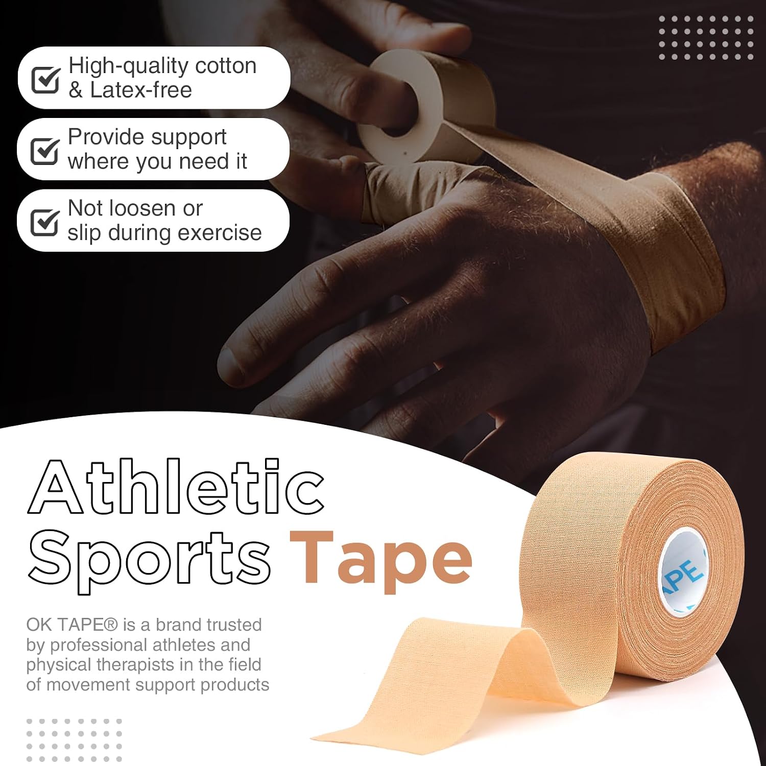 OK TAPE 4 Rolls Athletic Tape, Sports Tape for Injuries, Rigid, Easy Tear | Medical Tape, Wrist Tape, No Sticky Residue, Secure Ankle, Finger, Knee- 1.5inch x 15yards (Beige) - Image 3