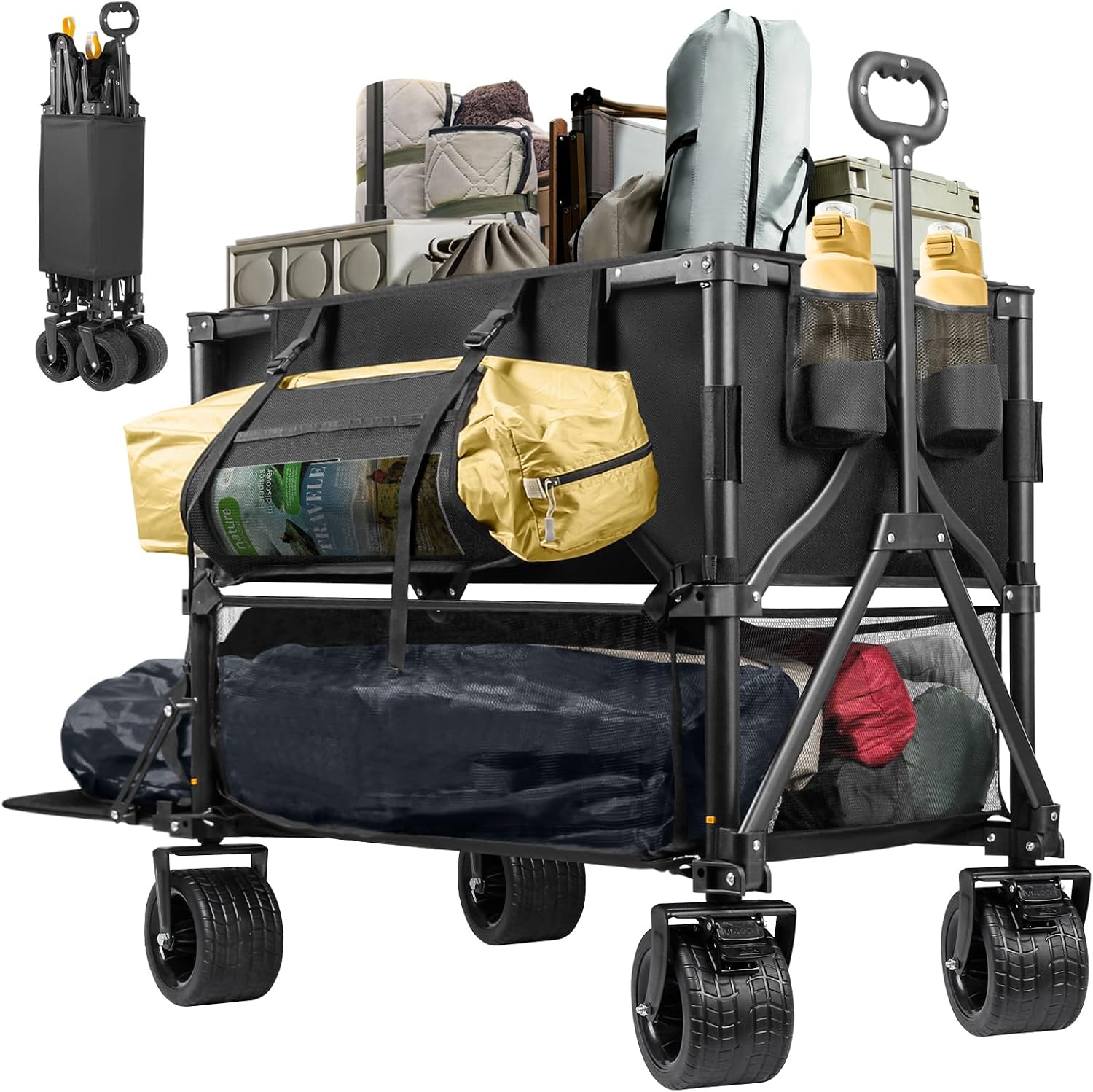 Double Decker Wagon 600lb Capacity & 400L Collapsible Sports Wagon | Big Wheels, 54" Extended, Utility Folding Cart, for Camping Fishing & Outdoor Use