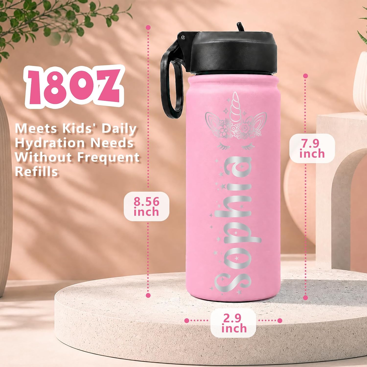 Back to School Gifts Personalized Kids Water Bottle with Name & Icon, 18 oz Custom Stainless Steel Water Bottles with Leakproof Lid, Double-Sided Laser Engraved, for Sports - Image 7