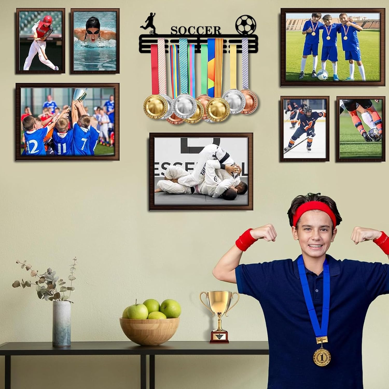 Resama Medal Hanger Holder Display Wall Rack Frame Shelf-Medal Hanger Awards Ribbon Soccer,Gymnastics,Holder Display Rack for 60 Medals - Image 2