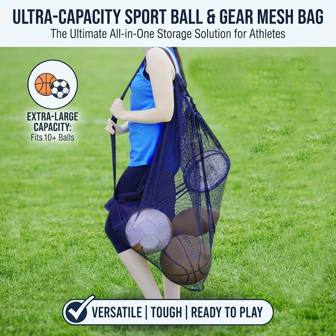 Heavy Duty Mesh Ball Bag, Drawstring Sport Equipment Storage Bag | for Basketball, Soccer, Sports Beach and Swimming Gears with Adjustable Shoulder Strap Outdoor Organizer - Image 2