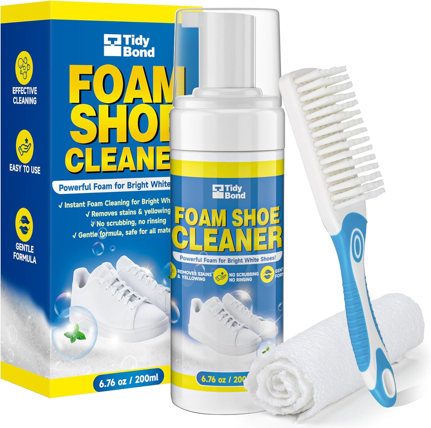 Shoe Cleaner Kit – Foam Cleaner for White Shoes & Sneakers, 6.76 fl oz | Fast Dirt And Stain Removal, Anti-Yellowing Care For Leather, Canvas, Mesh, Knit And Rubber, Brush & Towel Included