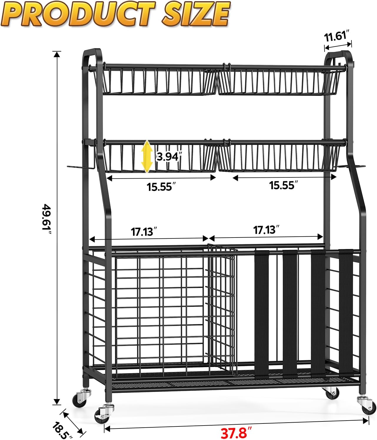Sports Equipment Organizer, Rolling Garage Ball Storage Rack | Heavy-Duty Steel, Rolling Wheels, Storage Baskets, Side Hooks, Ball Storage, Sports Gear, Toys, Garage, Home Gym - Image 5