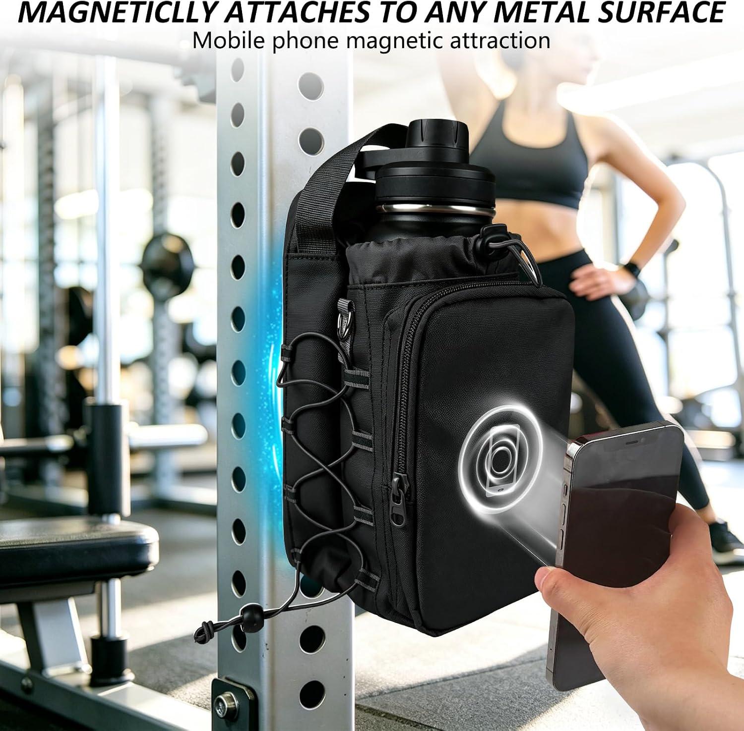 JACZZO Magnetic Gym Bag, Water Bottle Holder,Hands-Free Phone Mount,Gym Gifts for Women and Men (Black) - Image 3