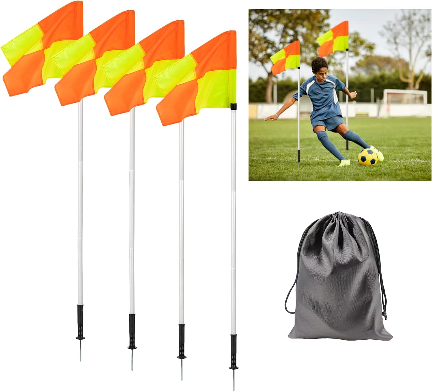 5FT Soccer Corner Flags for Soccer Field Set of 4,Storage Bag (Poles-White) | Soccer Flags Agility Poles Soccer Training Poles,Spring Loaded Adjustable Speed and Agility Training Equipment