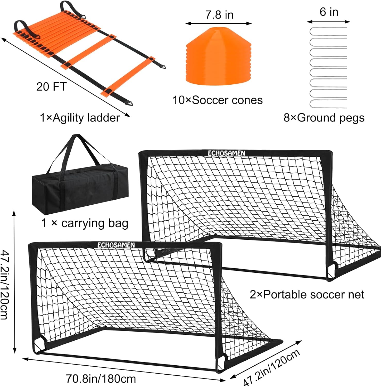 Kids Soccer Goals for Backyard, 2 of 6 x 4 ft Kids Soccer Goal Set Soccer Net with 10 Soccer Cones, Agility Ladder & Carry Bag, Portable Soccer Training Equipment. - Image 3