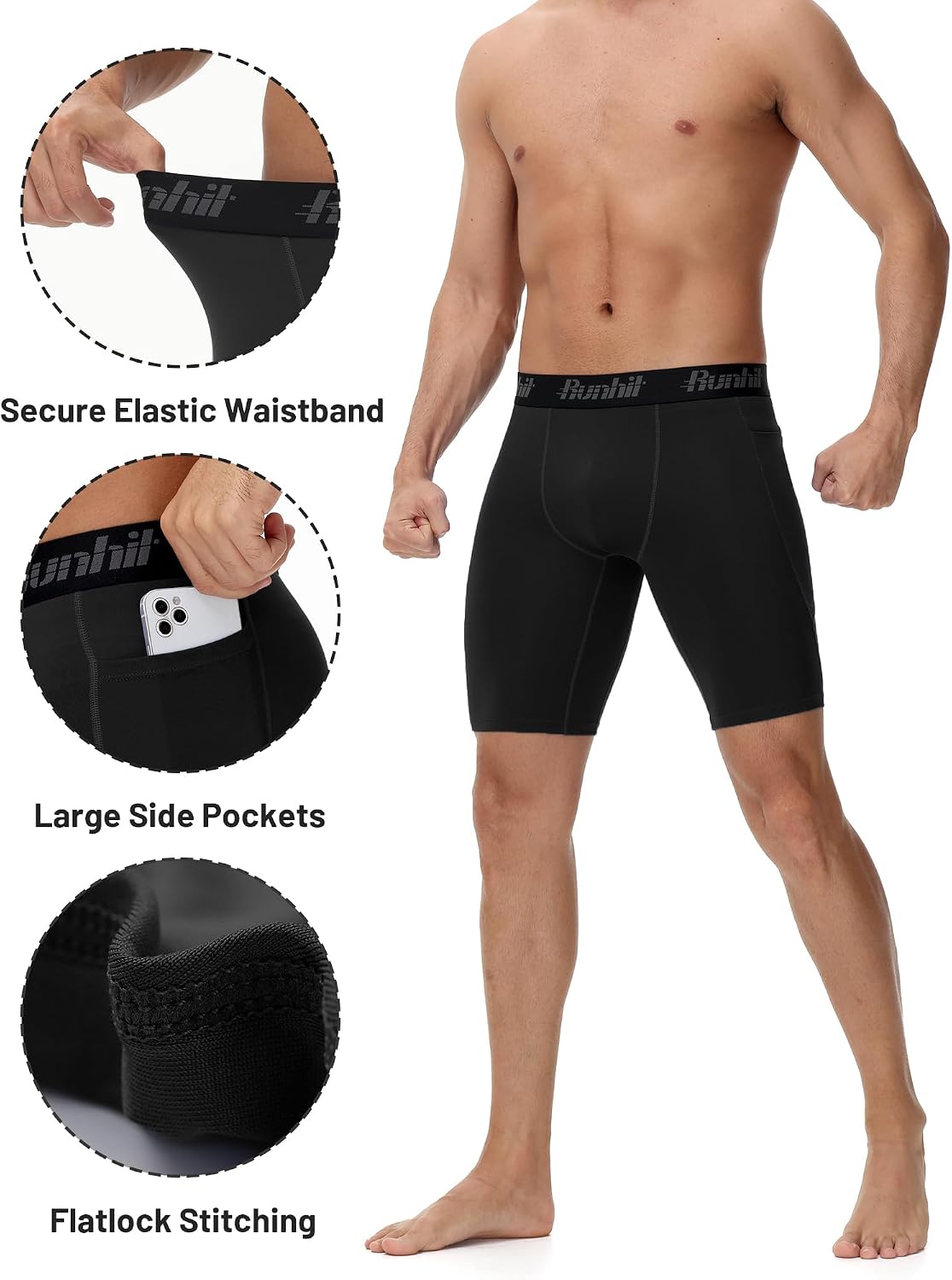 Runhit 2 Pack Mens Compression Shorts with Pockets 9" Performance Spandex Underwear Sport Athletic Workout Running Base Layer - Image 3