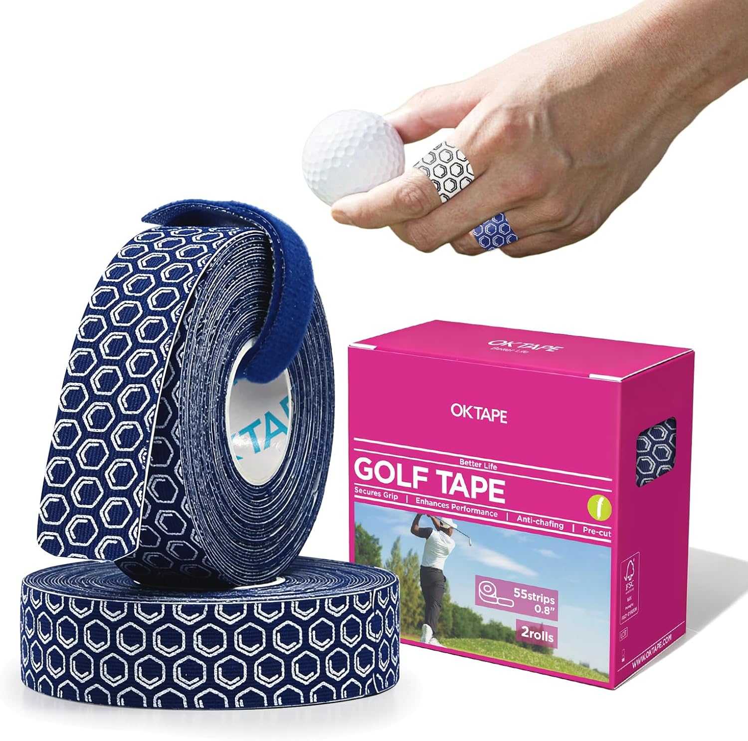 OK TAPE Golf Tape for Fingers, 110 Strips, Finger Tape for Golf, Tennis | Blister Prevention Tape, Flexible, Sweatproof, Synthetic Fiber, Pre-Cut Elastic Athletic Tape (2 Rolls, Blue)