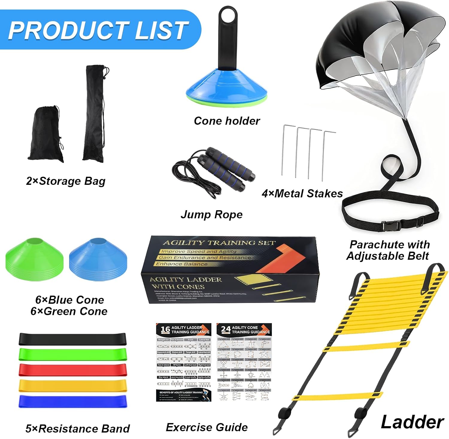 Speed Agility Training Equipment Set, Agility Ladder 20ft, 12 Football Cones, Resistance Parachute/Soccer Kick Trainer, Jump Rope, 5 Resistance Bands, Football Practice Equipment for Kids Adults - Image 2