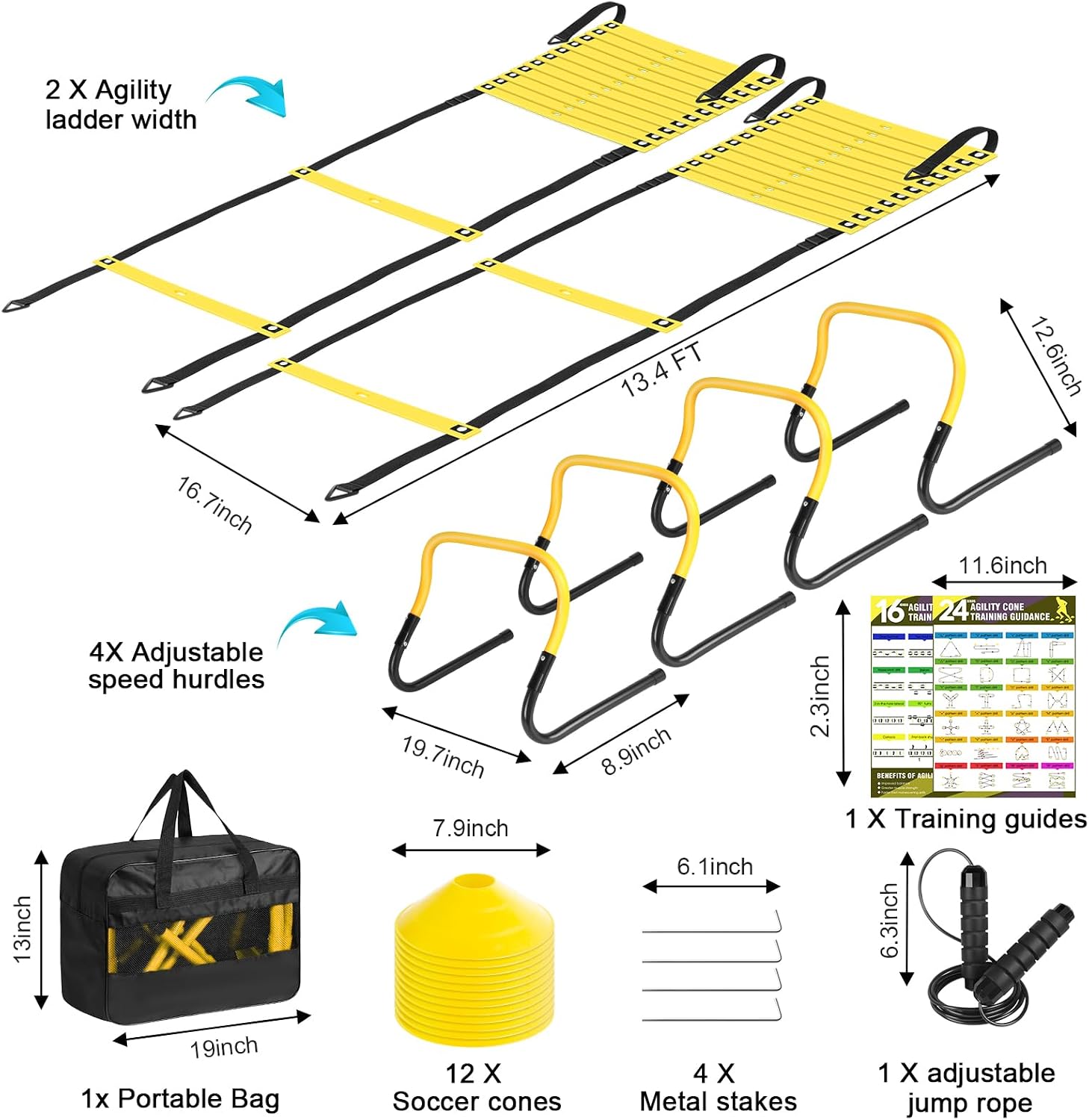 BORNEW 2 Pack Agility Ladder, Soccer Speed Training Equipment Set with Total 26 ft Agility Ladder, 12 Cones, 4 Adjustable Hurdles, Jump Rope, for Soccer, Basketball, Football, Kids, Youth, Adults - Image 2