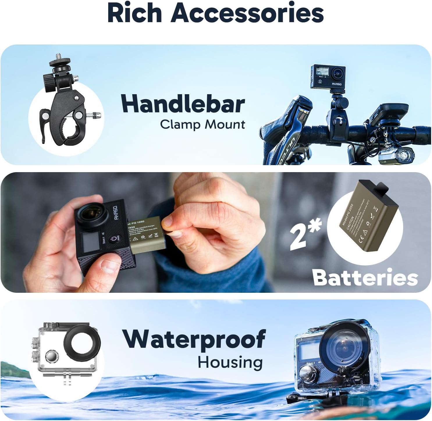 AKASO Brave 4 Action Camera 4K 30fps with 64GB MicroSD Card Bundle | 20MP EIS WiFi 170° FOV 5X Zoom Waterproof Underwater Camera for Snorkel, Travel, Bicycle, Helmet, Motorcycle Accessories Kit - Image 7