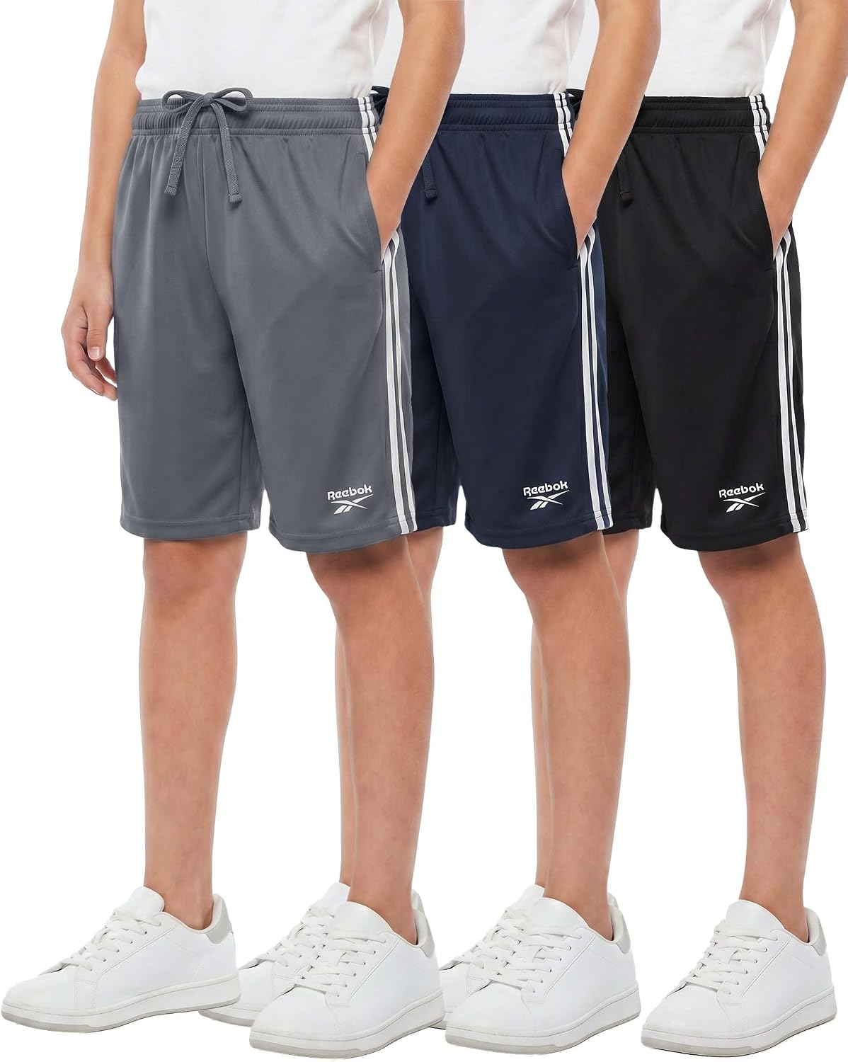 3 Pack Boys' Dry Fit Athletic Shorts Basketball Soccer Running Gym Kids | Quick Dry, Moisture Wicking, Side Taping, Stretch, Elastic Drawstring Waist, Pockets, School, Uniform, Golf, Boxing, Hiking