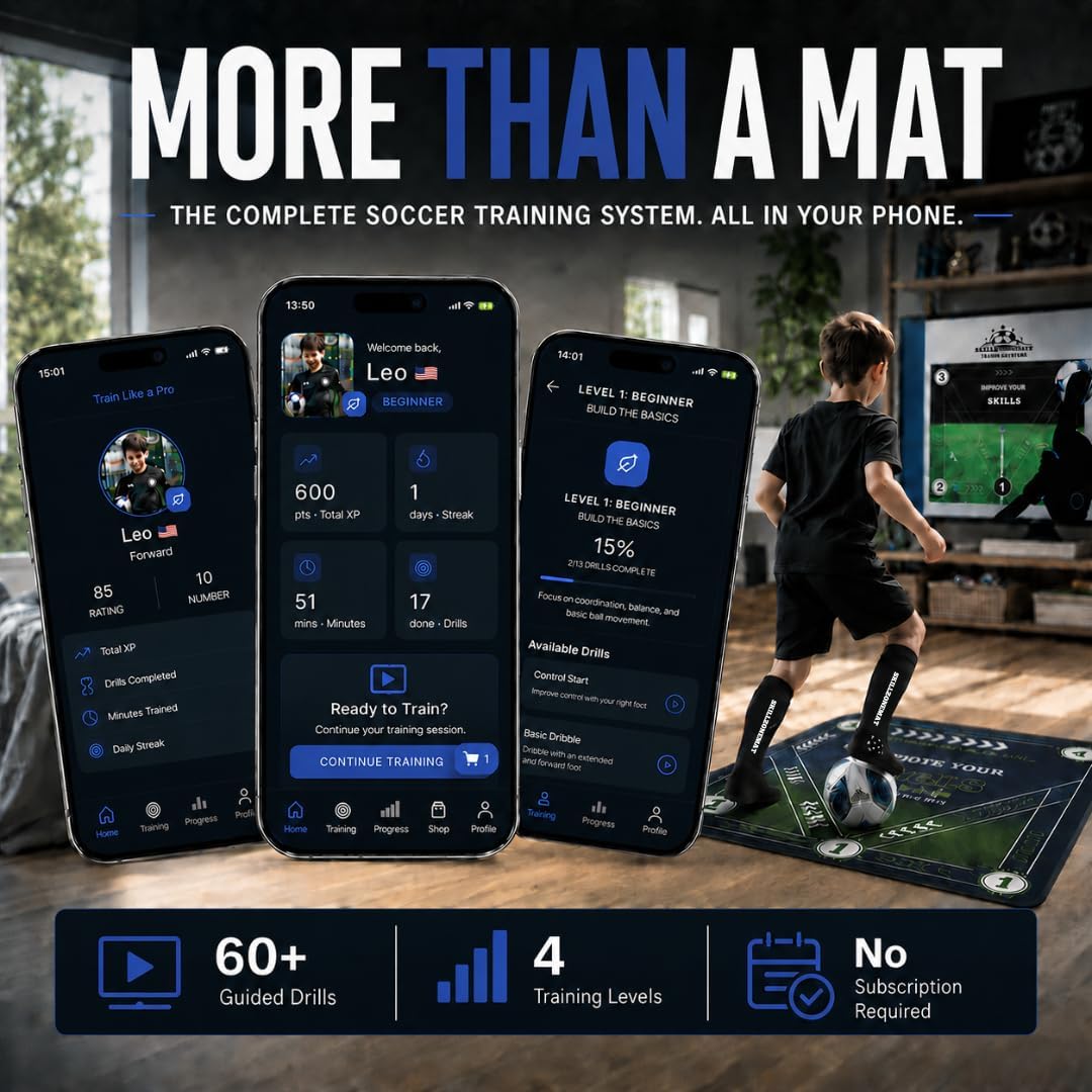 SkillZone Soccer Training Mat with Soccer Ball – Dribbling & Footwork Trainer | Indoor/Outdoor Soccer Training Kit with Interactive Video Hub, Grip Socks & Carry Bag | Control & Agility Practice - Image 2
