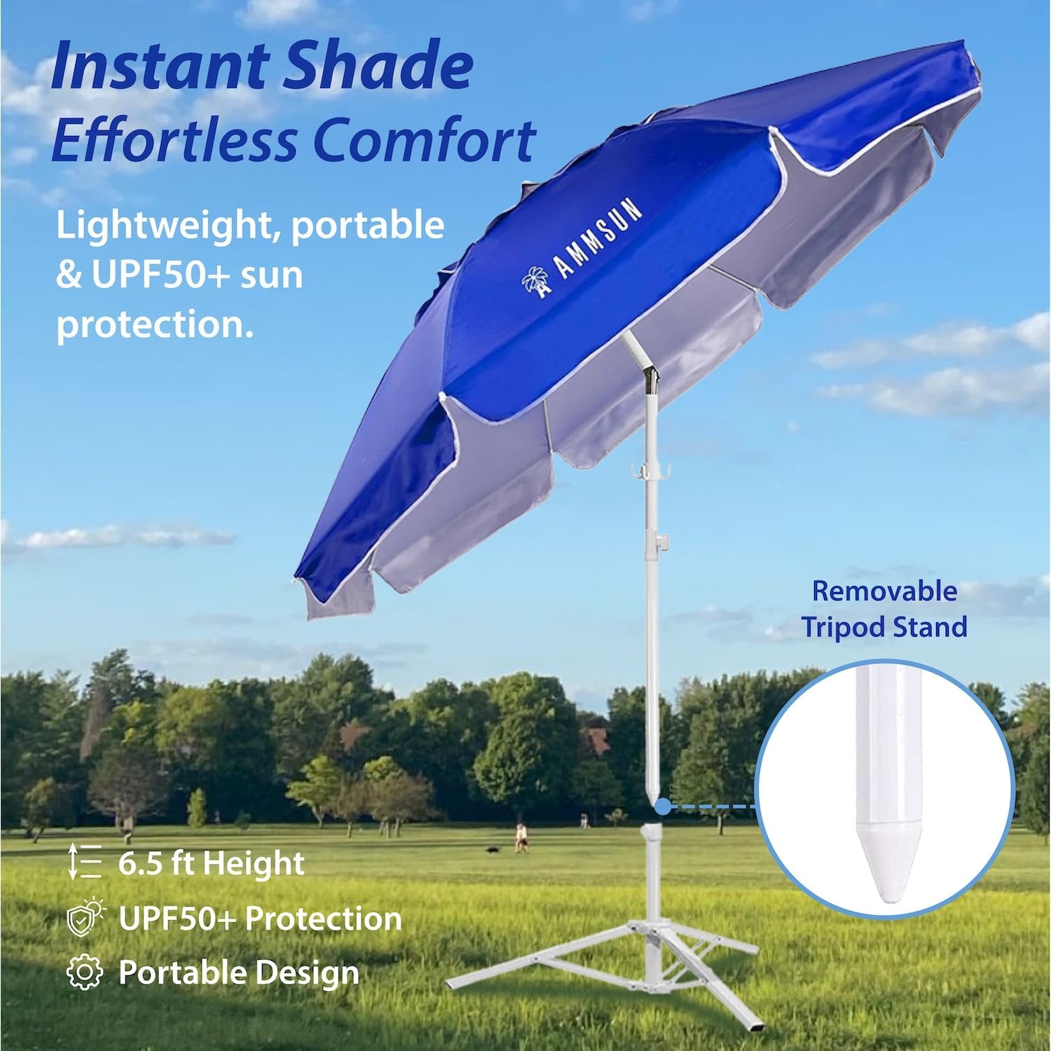 AMMSUN Shade Umbrella, Premium Portable Umbrella with Stand, 6.5ft Lightweight Free Standing Canopy for Sporting Games, Adjustable Instant Sun Protection and Easy to Carry, Blue - Image 3