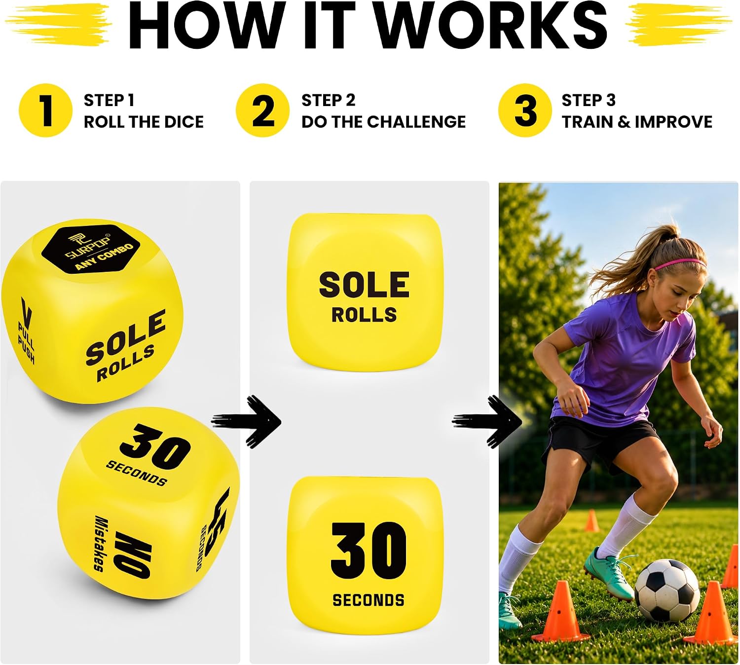 Surpop Soccer Training Dice for Kids 8-12, 2-Dice Ball Control Game, Yellow | Two soft 3-inch foam dice create 36 ball-control and footwork challenges for indoor or outdoor practice; mesh bag included - Image 3