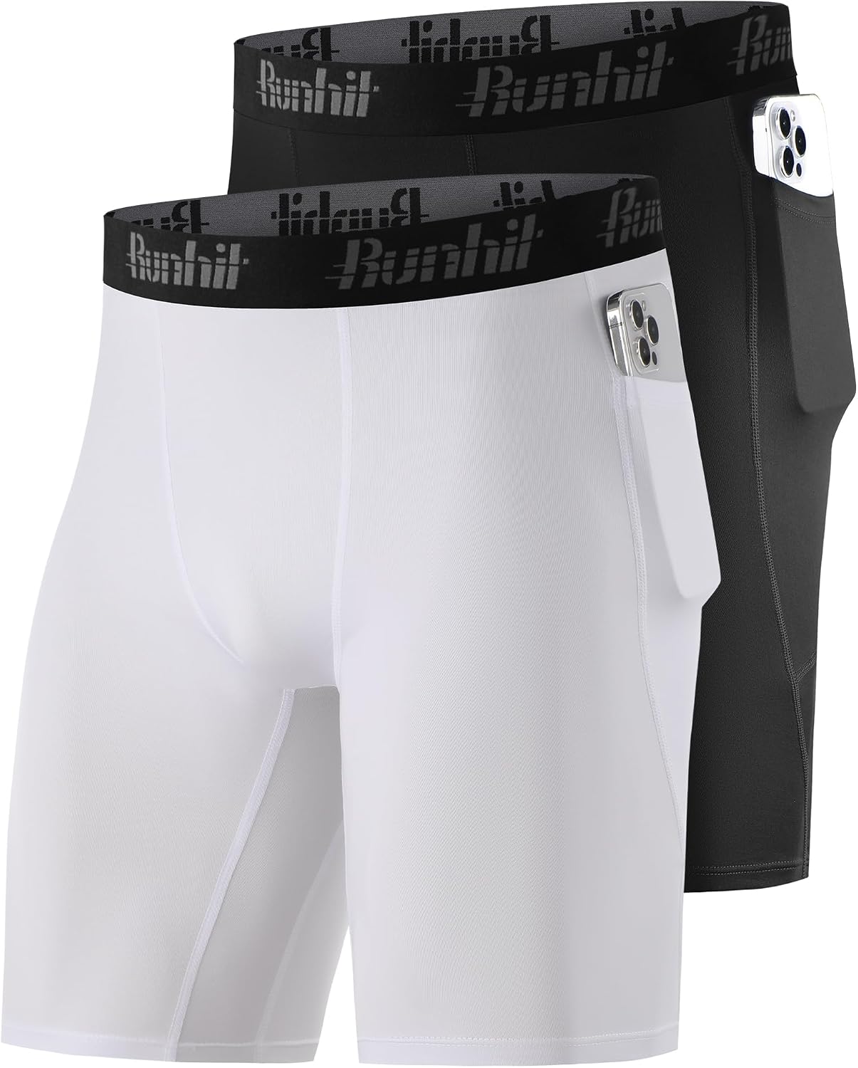Runhit 2 Pack Mens Compression Shorts with Pockets 9" Performance Spandex Underwear Sport Athletic Workout Running Base Layer