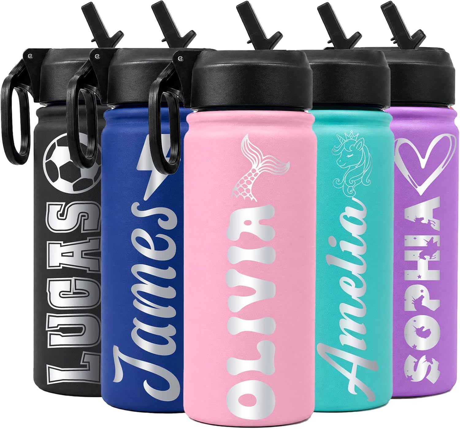 Back to School Gifts Personalized Kids Water Bottle with Name & Icon, 18 oz Custom Stainless Steel Water Bottles with Leakproof Lid, Double-Sided Laser Engraved, for Sports